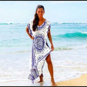 NEW White Blue Boho Bohemian Swimsuit Bathing Suit Cover Up Maxi Dress